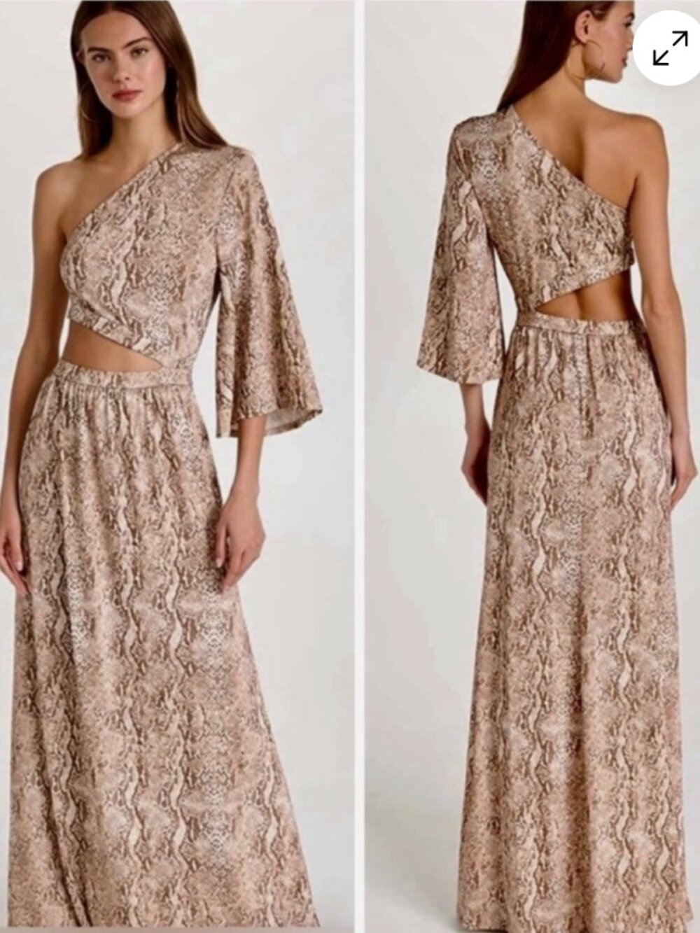 L'Agence Fontana One Shoulder Snakeskin Print Cut-Out Maxi Dress Size M RTL $475